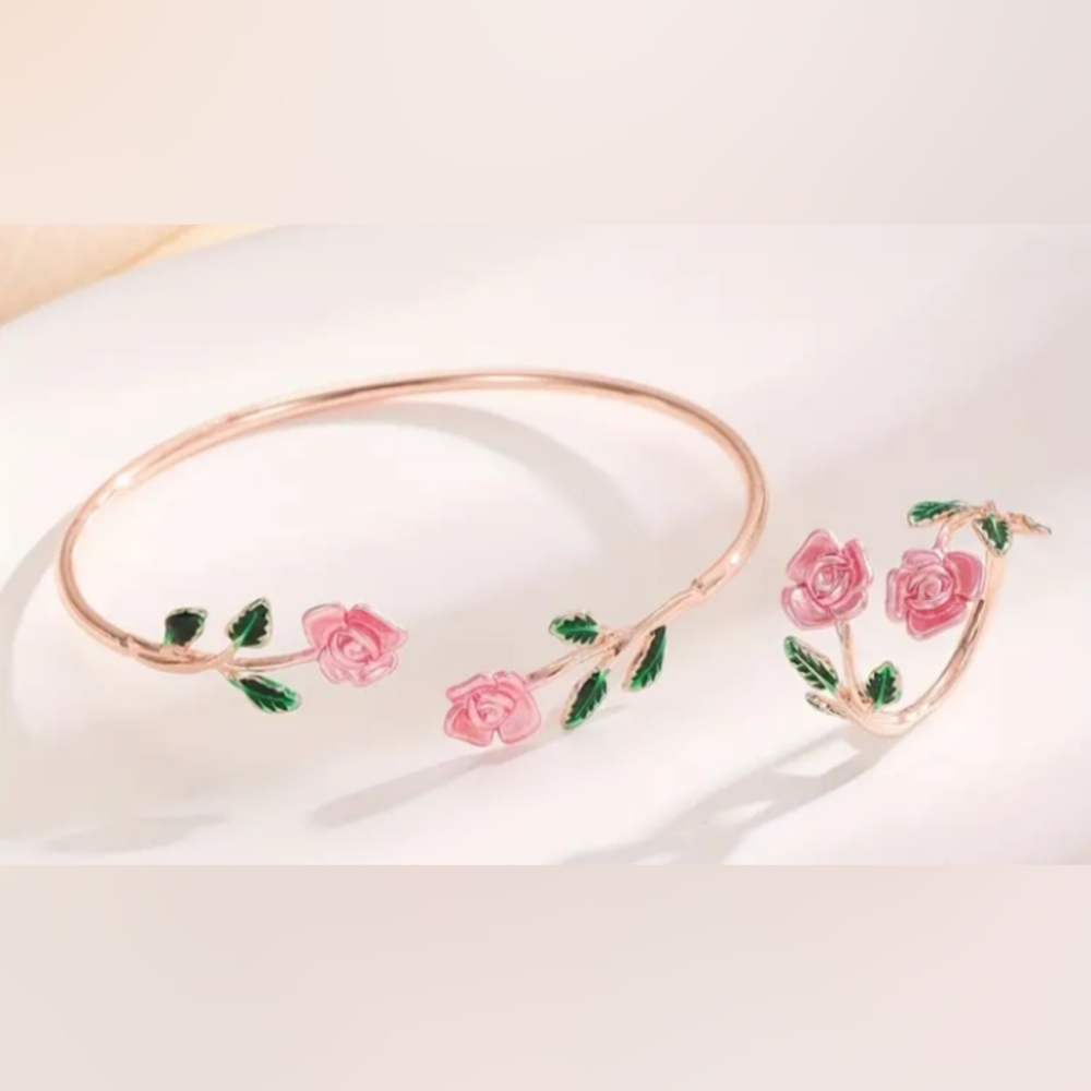 Adjustable Rose Bracelet Ring Set